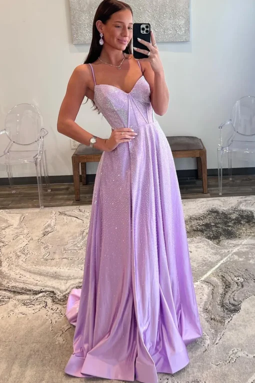 Beaded Spaghetti Straps Corset Prom Dress with Slit