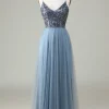 Beaded Spaghetti Straps Dusty Blue Bridesmaid Dress