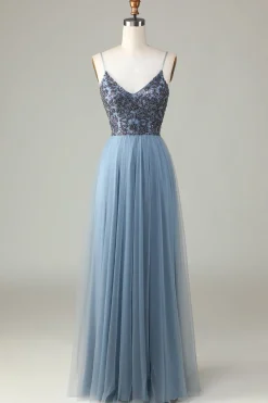 Beaded Spaghetti Straps Dusty Blue Bridesmaid Dress