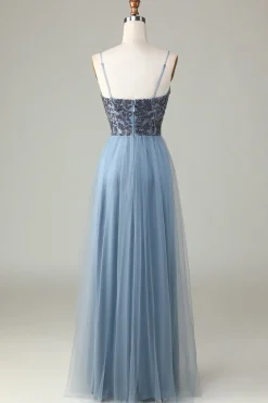 Beaded Spaghetti Straps Dusty Blue Bridesmaid Dress