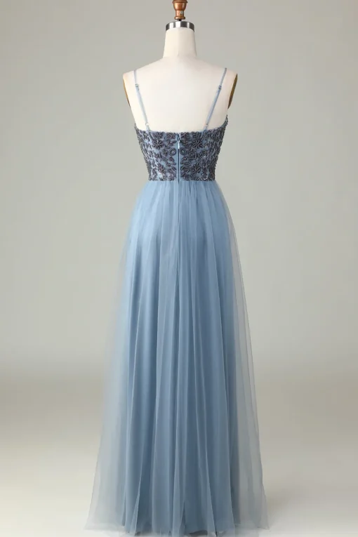Beaded Spaghetti Straps Dusty Blue Bridesmaid Dress
