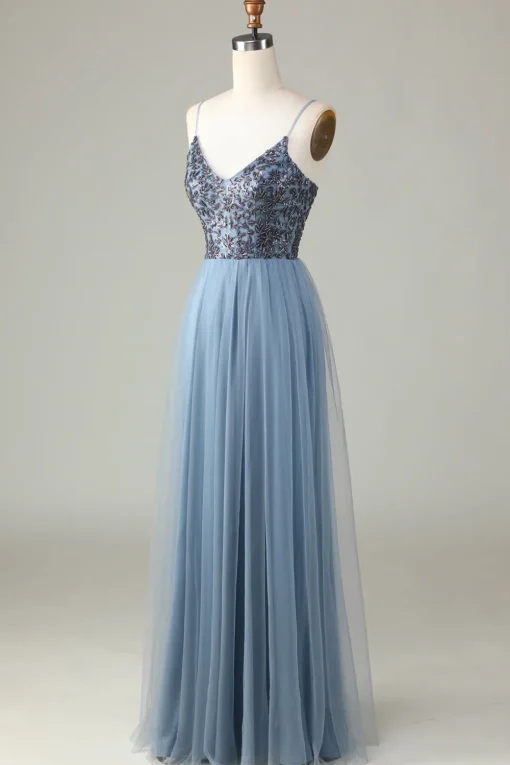 Beaded Spaghetti Straps Dusty Blue Bridesmaid Dress