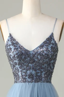Beaded Spaghetti Straps Dusty Blue Bridesmaid Dress