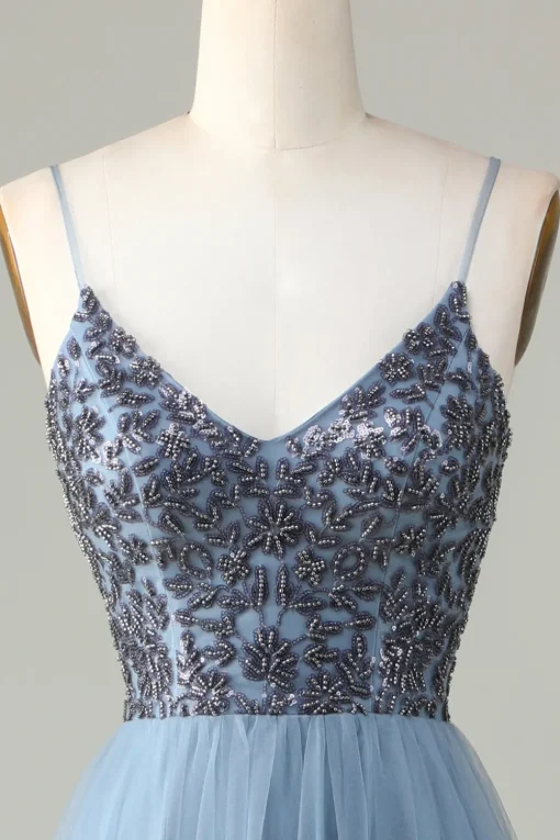 Beaded Spaghetti Straps Dusty Blue Bridesmaid Dress