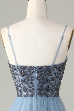 Beaded Spaghetti Straps Dusty Blue Bridesmaid Dress