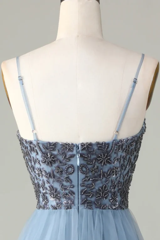 Beaded Spaghetti Straps Dusty Blue Bridesmaid Dress