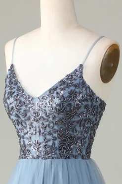 Beaded Spaghetti Straps Dusty Blue Bridesmaid Dress
