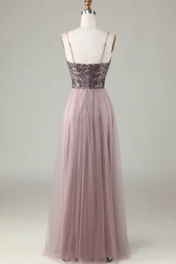 Beaded Spaghetti Straps Dusty Blue Bridesmaid Dress