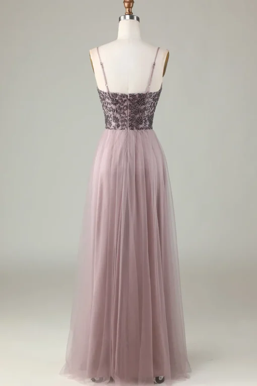 Beaded Spaghetti Straps Dusty Blue Bridesmaid Dress
