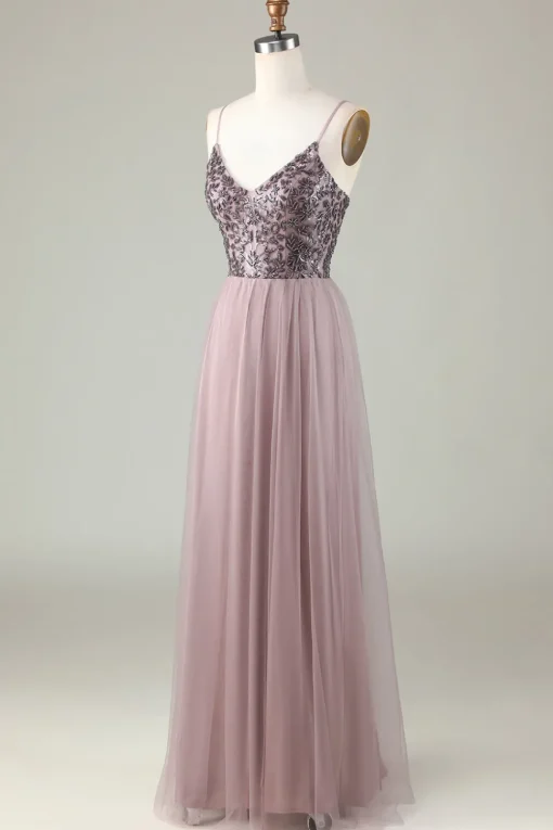 Beaded Spaghetti Straps Dusty Blue Bridesmaid Dress