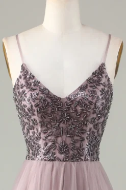 Beaded Spaghetti Straps Dusty Blue Bridesmaid Dress