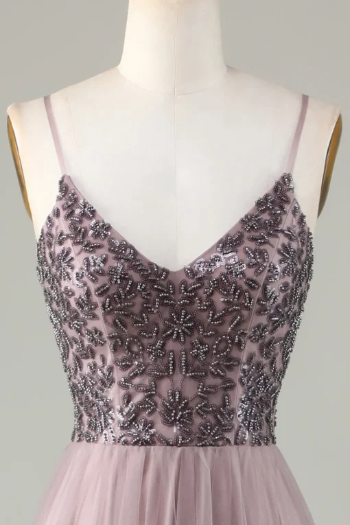 Beaded Spaghetti Straps Dusty Blue Bridesmaid Dress