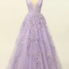 Beading A Line Lavender Prom Dress with Appliques