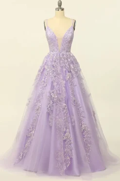 Beading A Line Lavender Prom Dress with Appliques