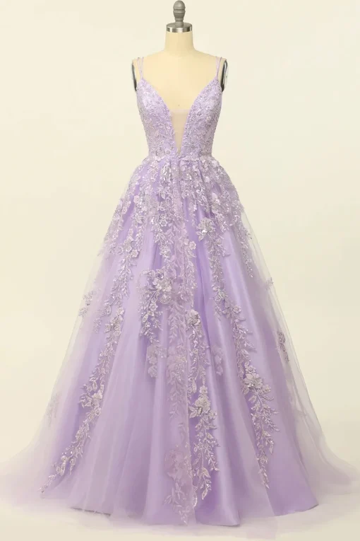 Beading A Line Lavender Prom Dress with Appliques