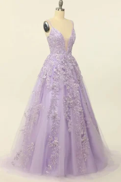Beading A Line Lavender Prom Dress with Appliques