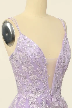 Beading A Line Lavender Prom Dress with Appliques