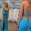 Beading Blue Strapless Mermaid Prom Dress with Slit