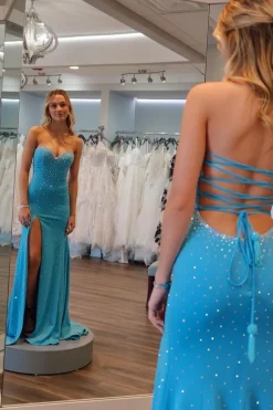 Beading Blue Strapless Mermaid Prom Dress with Slit