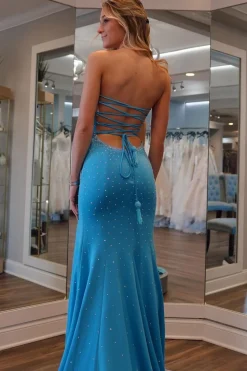 Beading Blue Strapless Mermaid Prom Dress with Slit