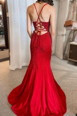 Beading Red Lace-up Back Mermaid Party Dress