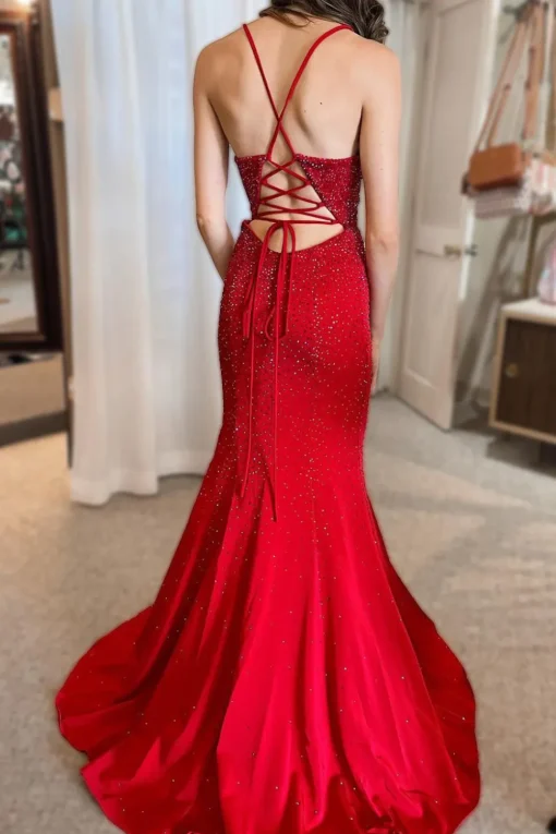 Beading Red Lace-up Back Mermaid Party Dress