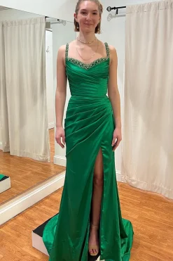 Beading Ruffles Green Mermaid Prom Dress with Slit