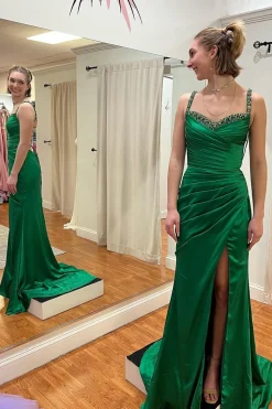 Beading Ruffles Green Mermaid Prom Dress with Slit