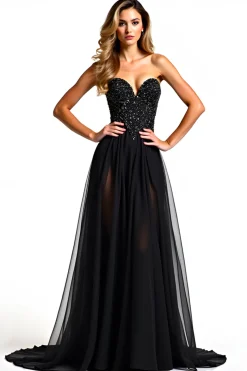 Beading Tulle Sweetheart A Line Long Black Tie Dress