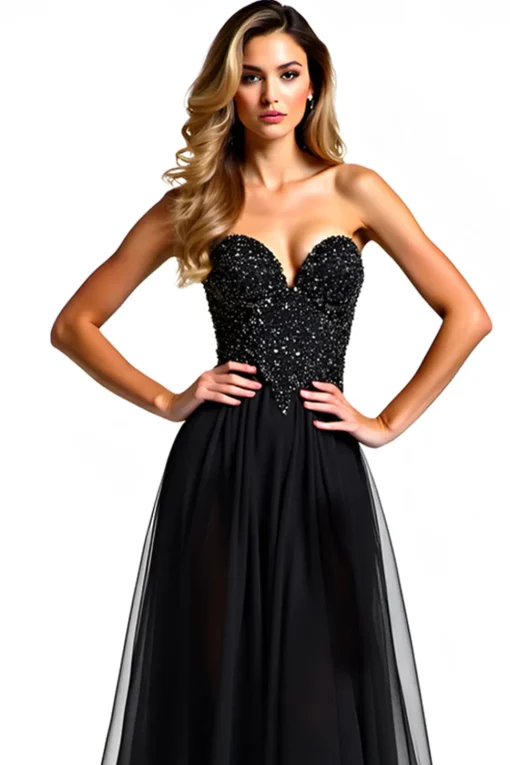 Beading Tulle Sweetheart A Line Long Black Tie Dress