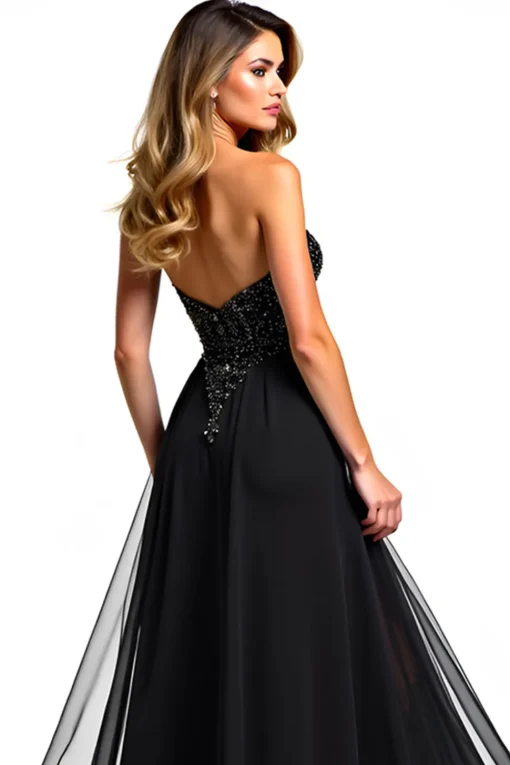 Beading Tulle Sweetheart A Line Long Black Tie Dress