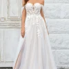 Beauty A Line Off the Shoulder Champagne Tulle Detachable Wedding Dress with Lace