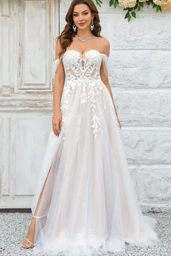 Beauty A Line Off the Shoulder Champagne Tulle Detachable Wedding Dress with Lace
