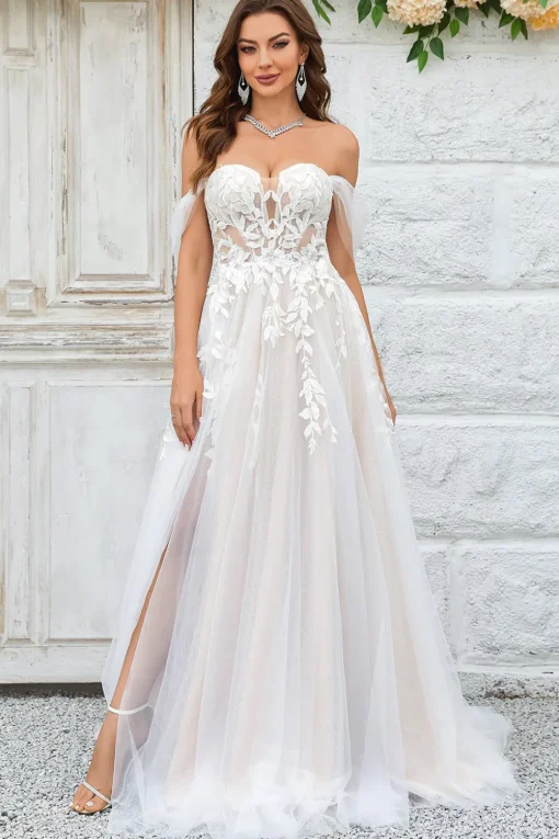 Beauty A Line Off the Shoulder Champagne Tulle Detachable Wedding Dress with Lace