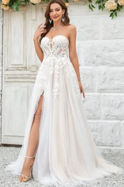 Beauty A Line Off the Shoulder Champagne Tulle Detachable Wedding Dress with Lace