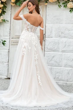 Beauty A Line Off the Shoulder Champagne Tulle Detachable Wedding Dress with Lace
