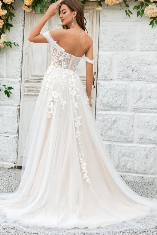 Beauty A Line Off the Shoulder Champagne Tulle Detachable Wedding Dress with Lace