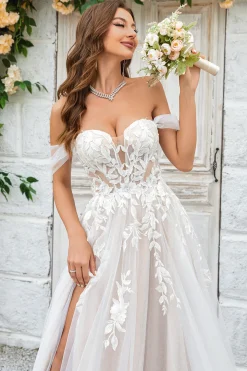 Beauty A Line Off the Shoulder Champagne Tulle Detachable Wedding Dress with Lace