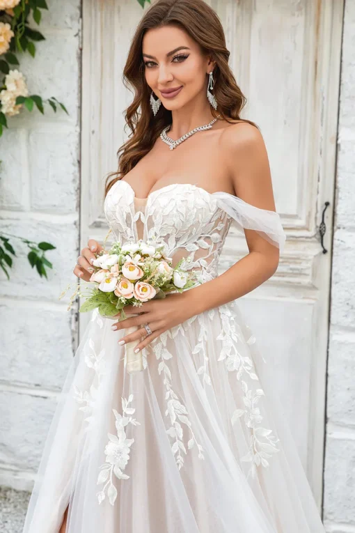 Beauty A Line Off the Shoulder Champagne Tulle Detachable Wedding Dress with Lace