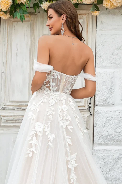 Beauty A Line Off the Shoulder Champagne Tulle Detachable Wedding Dress with Lace