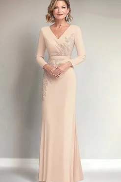 Beige Sheath V-neck Long Sleeves Mother of the Bride Dress with Appliques