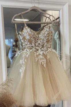 Beige Spaghetti Straps Short Prom Dress With Appliques