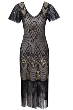 Black & Gold Sequin Party Dress with Fringes