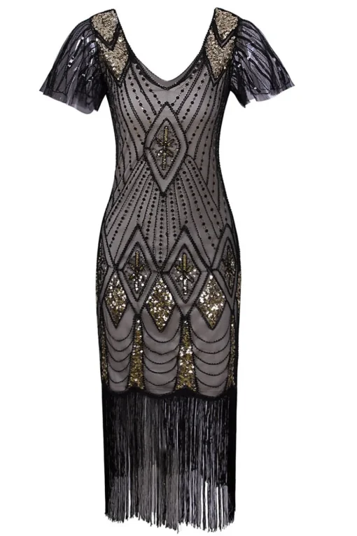 Black & Gold Sequin Party Dress with Fringes