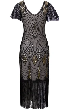 Black & Gold Sequin Party Dress with Fringes