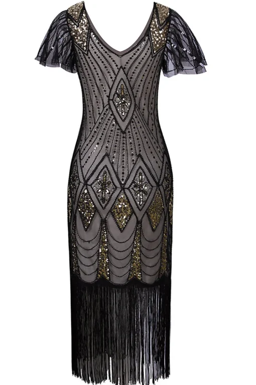 Black & Gold Sequin Party Dress with Fringes