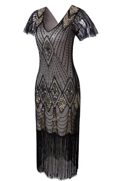 Black & Gold Sequin Party Dress with Fringes