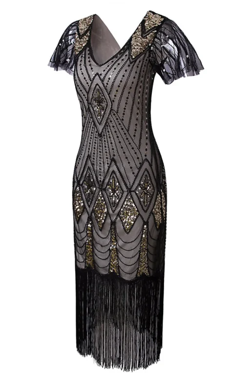 Black & Gold Sequin Party Dress with Fringes