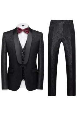 Black 3 Piece Jacquard Shawl Lapel Men's Prom Suits
