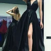 Black A Line Satin Prom Dress with Slit
